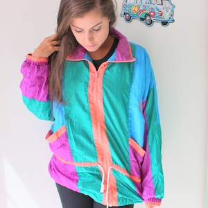 1980s Rainbow Swishy Jacket, Retro Teal Pink Mesh, Size Large