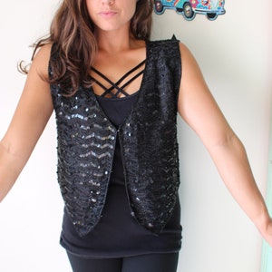 1980s Sequin Vest, Black Silk Beaded Jacket, Medium