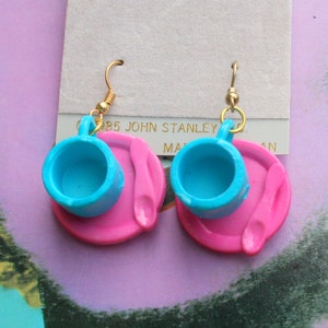 1985 TEA CUP Earrings...kitsch. retro. earrings. new old stock. jewelry. kitschy charms. tea party. novelty. cute. kawaii. kooky. colorful