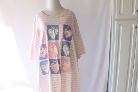 1980s Pink Purple Blue Hearts Pajama Oversized Te… - image 2