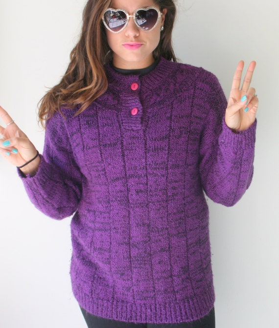 1980s Geometric Knit Sweater - Purple & Pink, One… - image 1