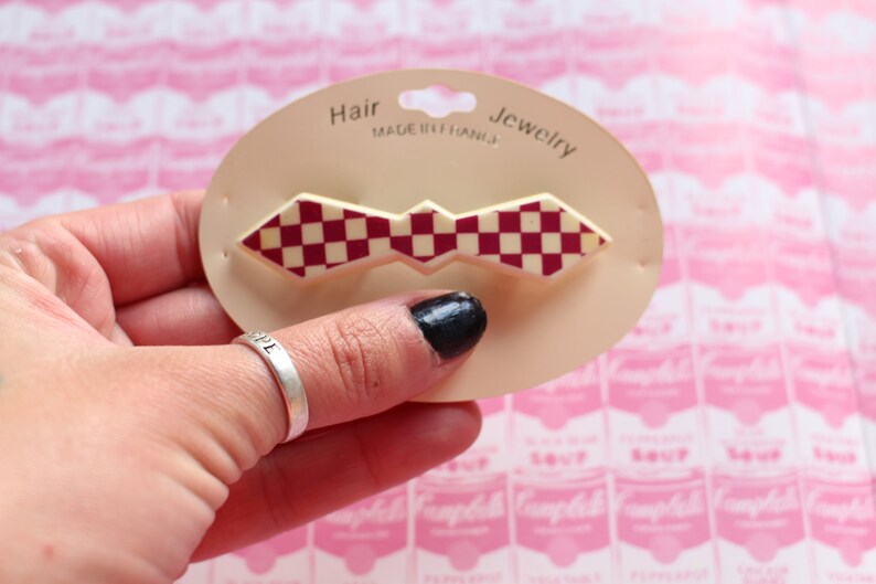retro dainty barette 1980s glam ladies cute party NOS 1980s CHECKERED Hair Bow Clip Barrette.....FRANCE womens accessories sweet