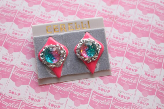1980s Pink Glitter Jewel Stud Earrings.....costum… - image 1
