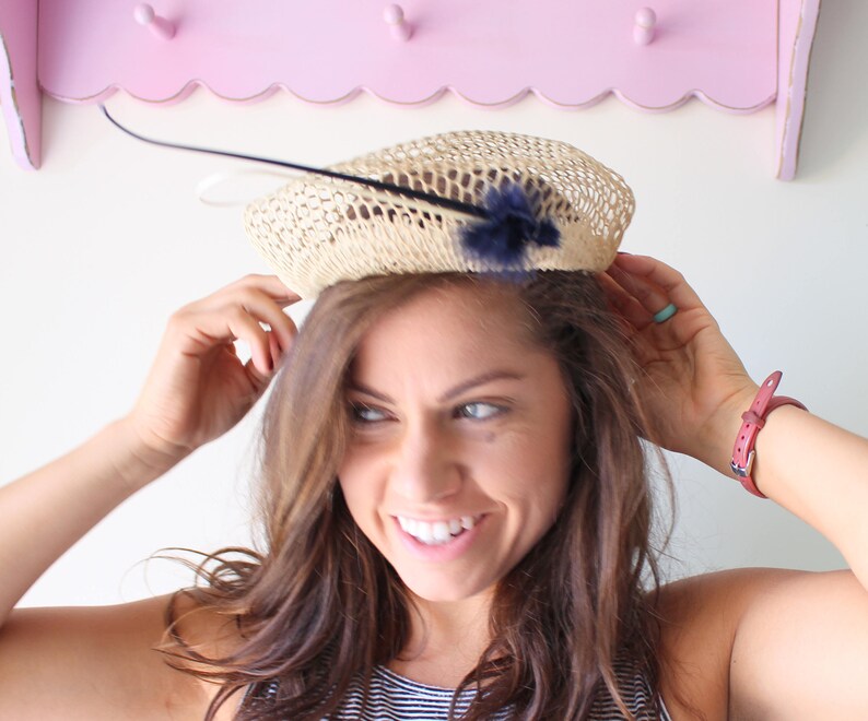 feather Vintage Pillbox Antique Hat....straw hat flapper. spring bride costume summer church vintage hat wedding