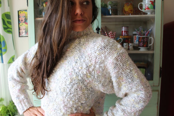 Vintage White Artsy Pastel Heart Kitsch Sweater..… - image 3