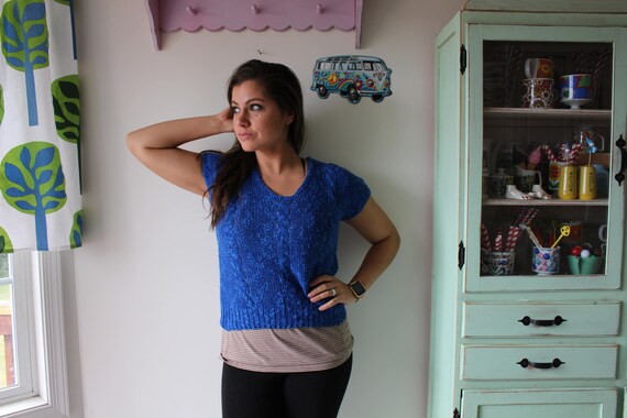 Vintage Blue Knit Crop Sweater - 1980s Boho Style - image 2