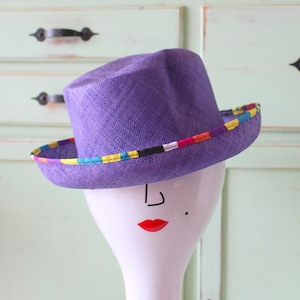 Vintage NAUTICAL Sailor Panama Hat....straw. church. designer. summer. spring. wedding. bride. costume. 1980s hat. rainbow. 90s hat. big hat
