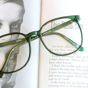 Vintage JACKIE O Glasses....emerald. new old stock. classic. groovy. twiggy. mod. retro glasses. librarian. secretary. woodstock. oversized image 1