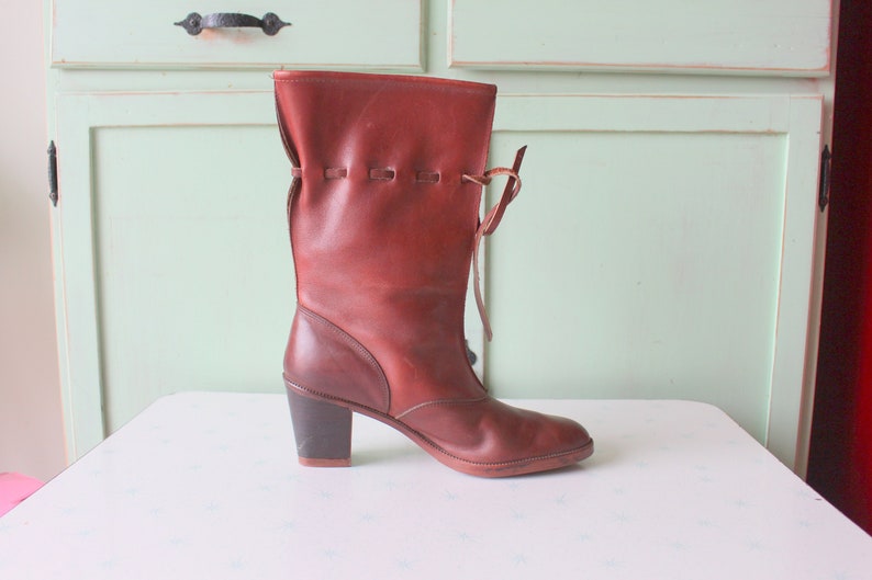 Vintage MOD GIRL Designer Boots.....size 9 womens.....heeled. brown leather. made in USA. designer vintage. leather boots. mod. calf boots image 1