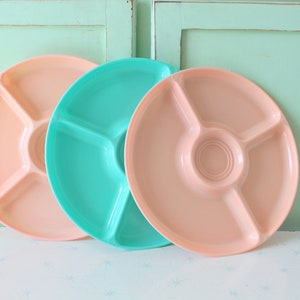 Vintage COLORFUL Plates Set...lunch. vintage home. set. pink. teal. 1970s. picnic. home decor. gift. plastic plates. 1960s 70s. stackable