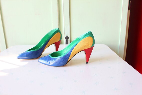 Vintage Blauw Geel Groen Oranje LEER Fancy Party Heels maat - Etsy België