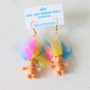 NOS Vintage TROLLS Doll Earrings...collectible. troll. 1980s. 1990s. kitsch. retro. hippie troll. happy birthday. rainbow troll earrings