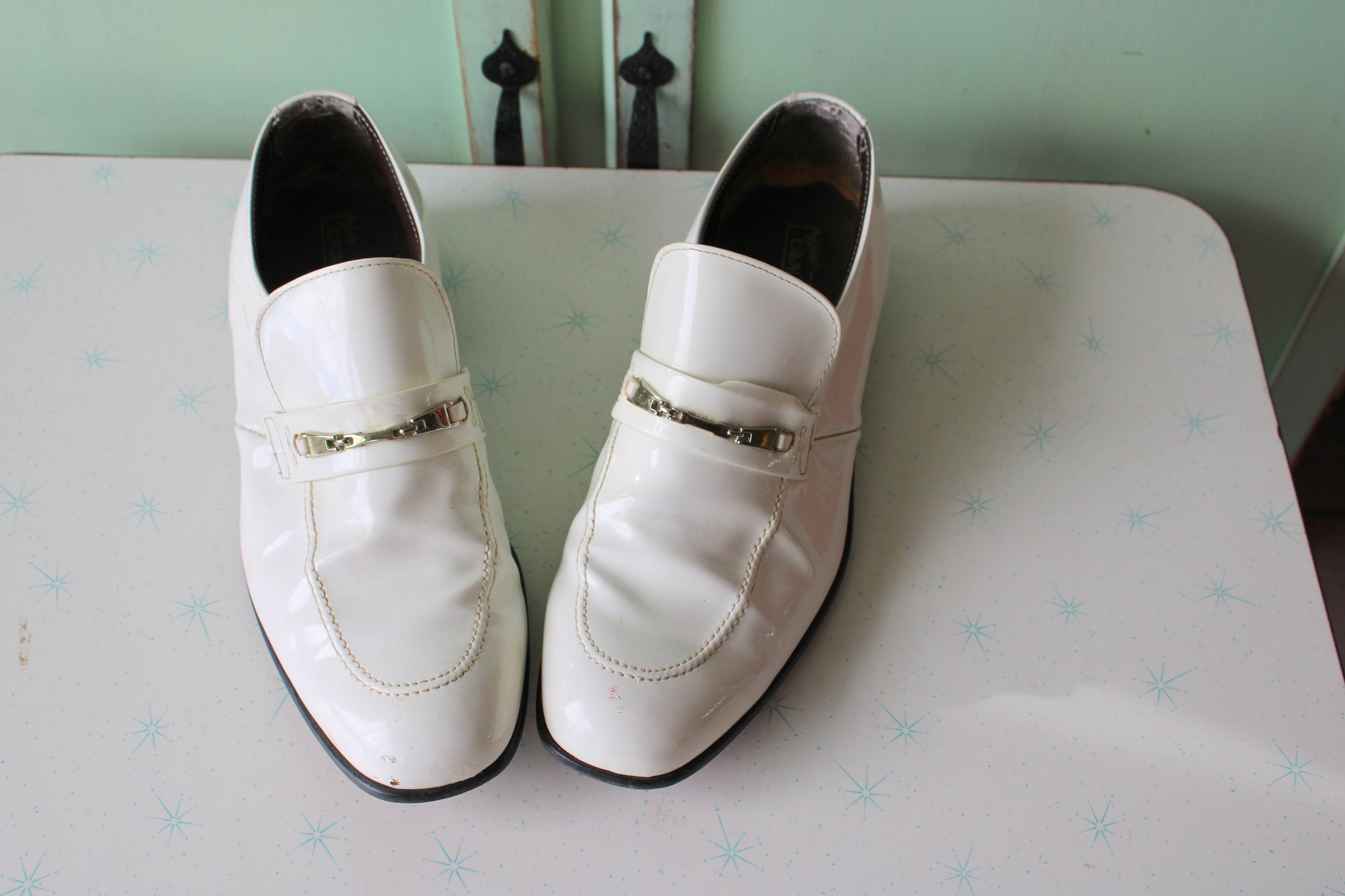 1970s White Patent Leather Dress Loafers Shoes White Piega Monk Silver Loafer main image 3