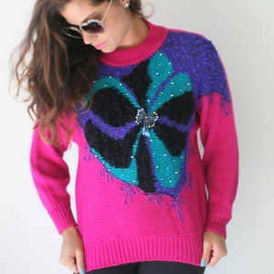 1980s BEAUTIFUL Geometric Sweater...small. colorful. bright. retro. costume. 1980s sweater. rad. fun. beads. pink. purple image 1