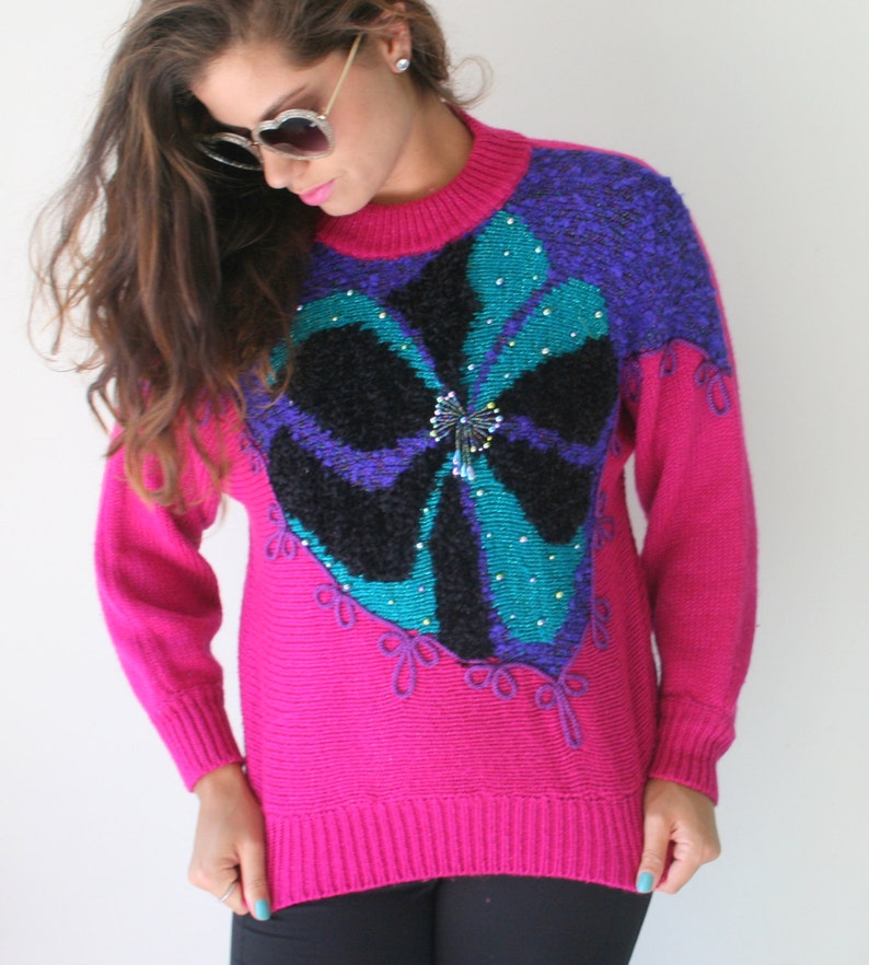 1980s BEAUTIFUL Geometric Sweater...small. colorful. bright. retro. costume. 1980s sweater. rad. fun. beads. pink. purple image 1