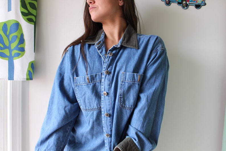 acid wash vintage denim summer top 1980s 1990s BLUE JEAN Button Down....size large womens...kitsch hippie unisex boho urban hipster
