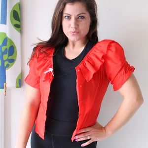 Vintage Red Ruffle Blouse: Silky Mod Crop Top