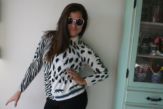 1980s ZEBRA Sweater...safari. jungle. black and w… - image 4