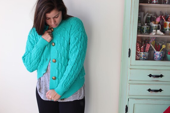 【archive】90s lame green knit cardigan Vintage 90s 80s Mens M Cardigan Sweater V-Neck Button