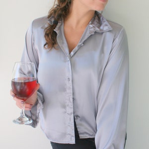 Vintage Silky Silver Blouse: Glam Mod Style