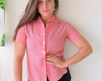 1960s 1970s Nautical Sailor Red Crop Top..70s clothing. checkered. hipster. costume. check. hippie. boho. red. striped. farmer. 1960s blouse