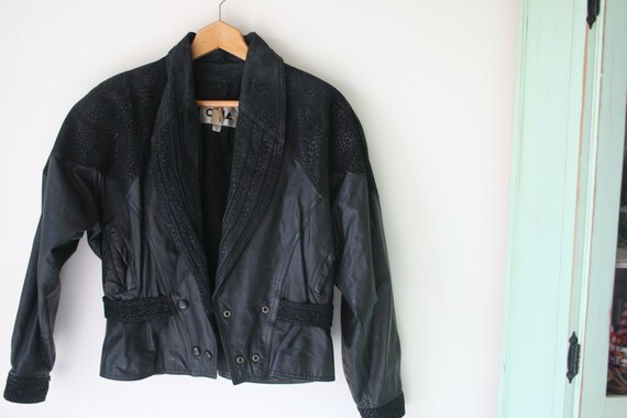 1980s BLACK LEATHER Jacket...biker. retro. design… - image 3