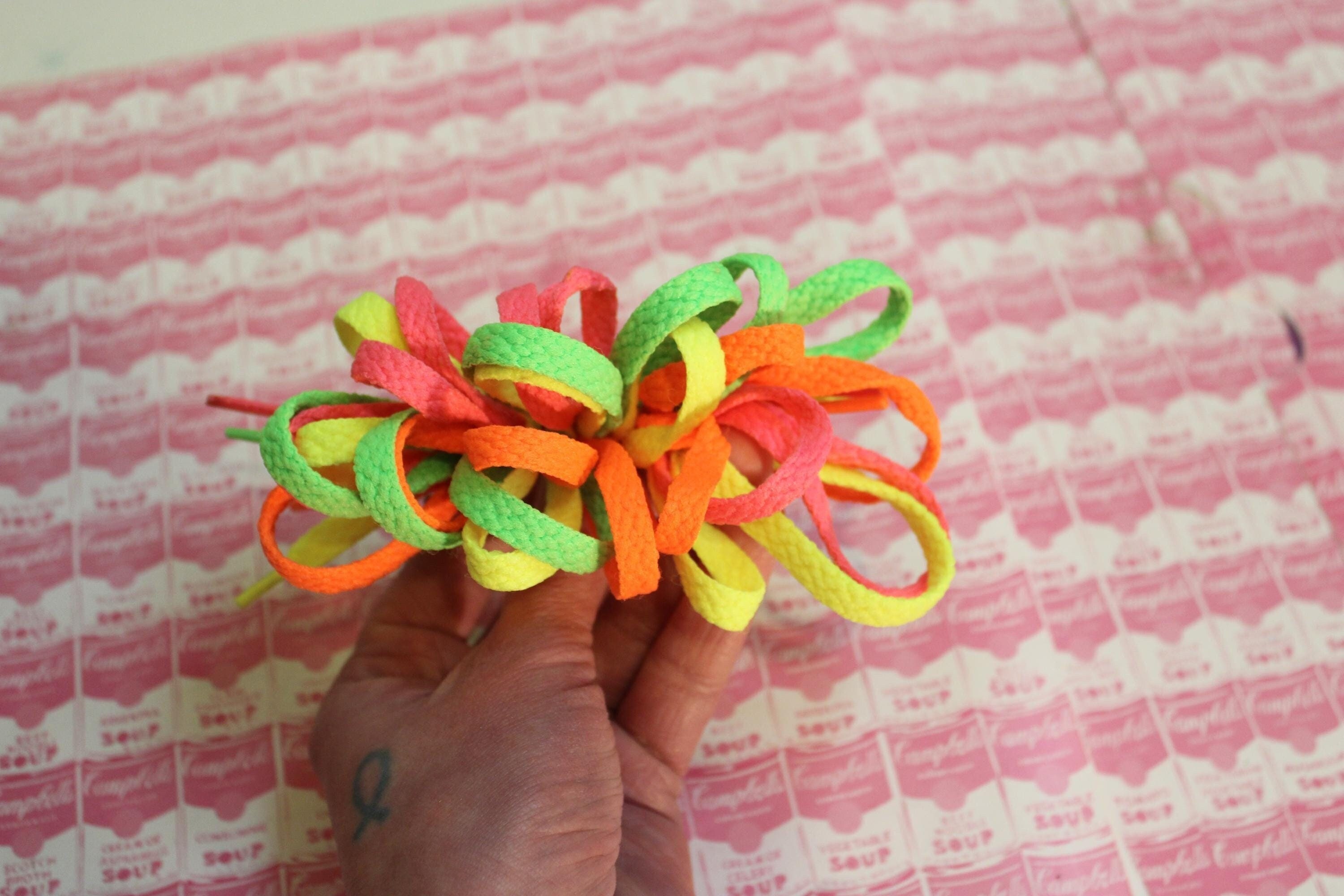 NOS 1980s Rainbow Shoe Lace Hair Bow Clip - Retro Accessory
