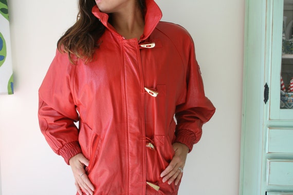 1980s RED LEATHER Jacket Coat...size medium large… - image 3