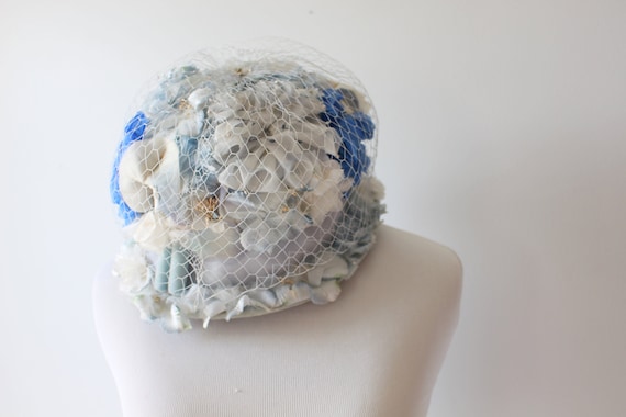 Vintage FLORAL DREAM Hat..flower hat. blue. straw… - image 1