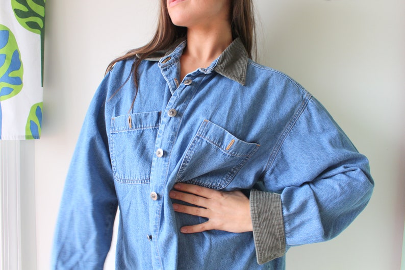 acid wash vintage denim summer top 1980s 1990s BLUE JEAN Button Down....size large womens...kitsch hippie unisex boho urban hipster