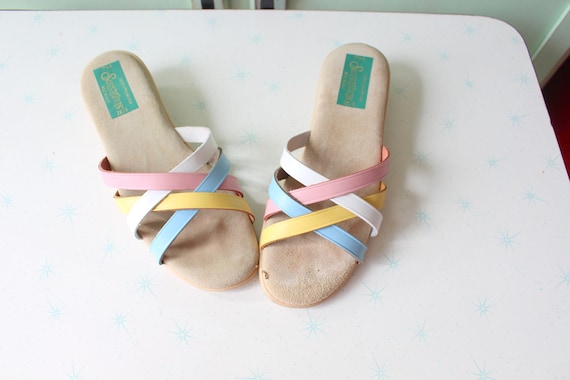 1980s Colorful Leather Open Back Open Toe Flats Sandals size 7