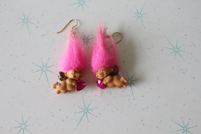 RARE Vintage TROLLS Doll Earrings..collectible. pink. troll. 1980s. 1990s. kitsch. retro. hippie troll. valentines day. cupid troll earrings image 3