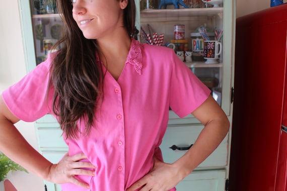 Vintage PINK 1980s Button Blouse Top.....large. f… - image 1