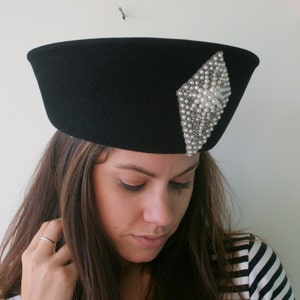 Vintage LORD and TAYLOR Hat...church. fancy. fancy. sunday. wedding. beaded. costume. 1960s hat. black. designer. gems