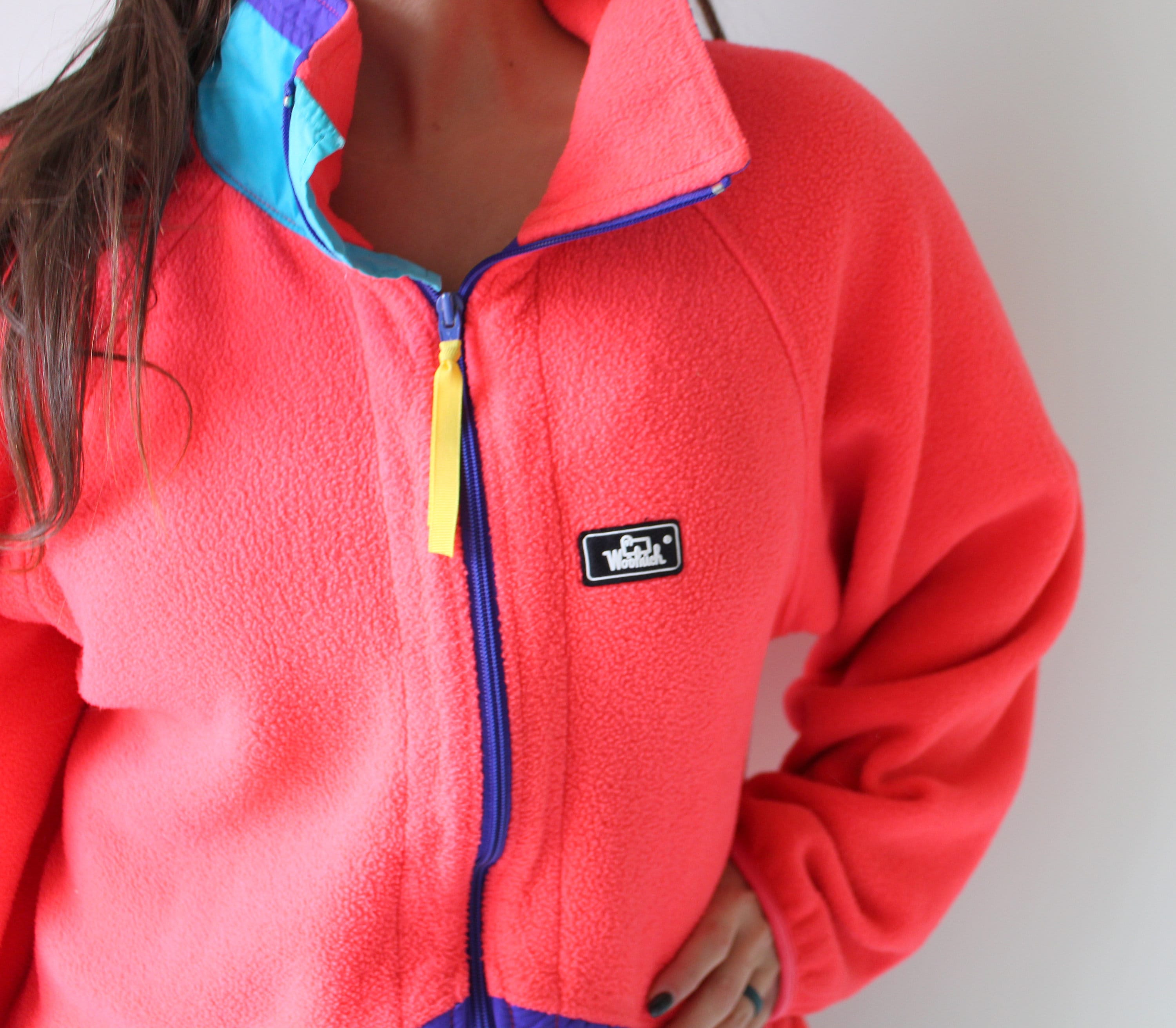 Vintage Woolrich Fleece Pullover: 90s Neon Zip Up, Size Medium 