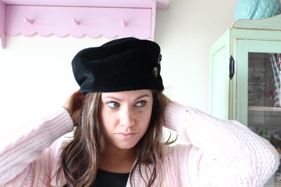 Vintage BLACK Pillbox Top Hat...womens. winter. c… - image 2