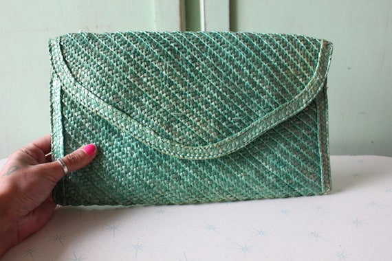 Vintage Mint Green Folk Straw Purse... retro. pur… - image 4