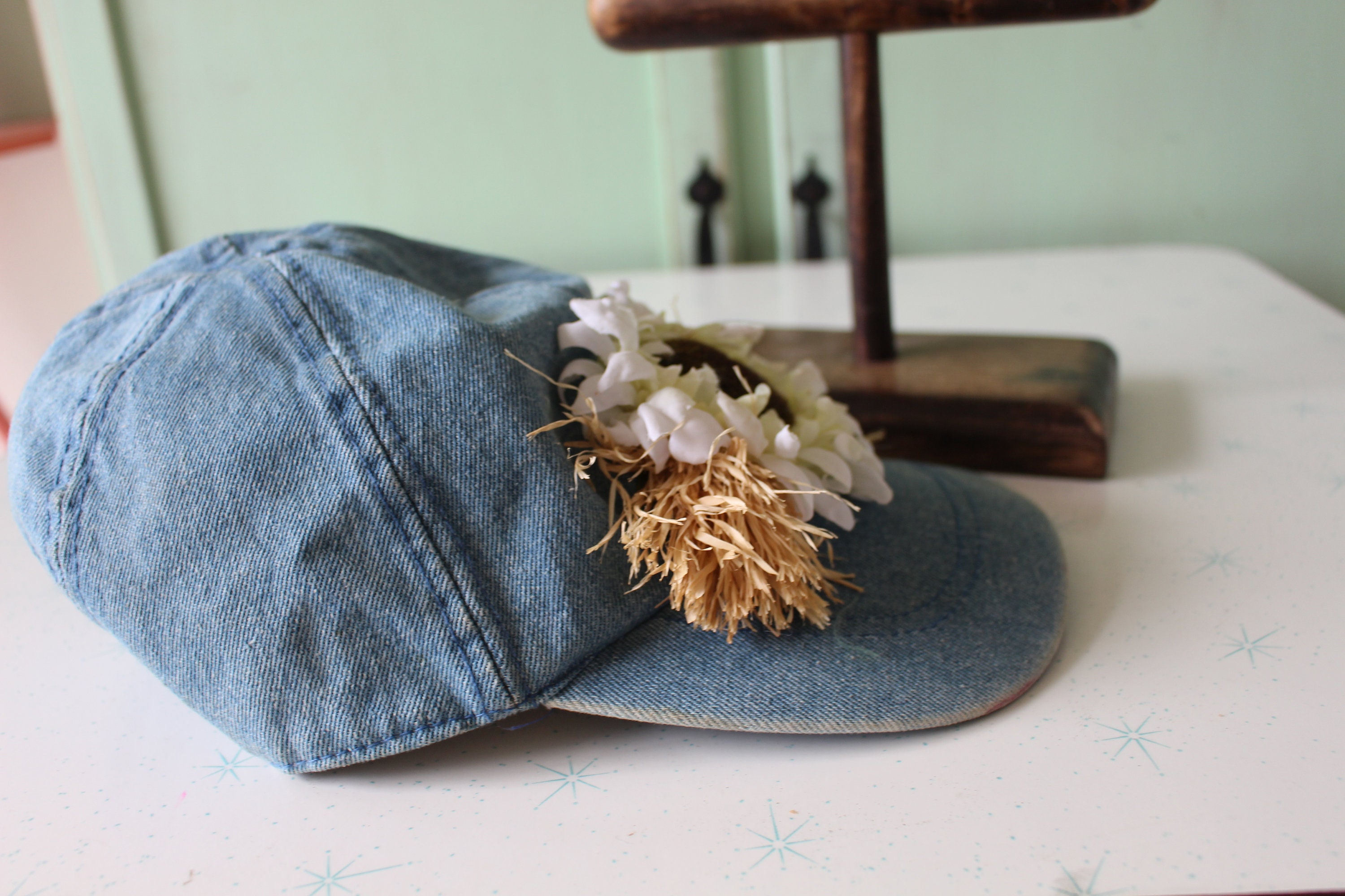 Arlin Vintage/retro style Blue Denim Hat with Pink Flower Accent 80s/90s Flower Hat 90s - Etsy main image 3