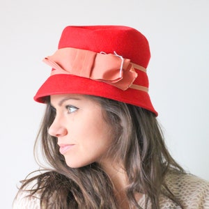 Vintage Mid Century Hat....winter hat. wedding. bride. costume. 1950s hat. 1960s hat. french. red hat. detective