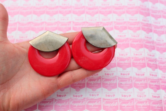 BIG 1980s RED Round Party Earrings....glam. retro… - image 1