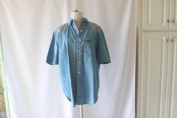 1980s BLUE JEAN Denim Blouse Button Down Top....s… - image 1