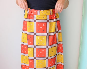 Vintage GROOVY Hippie Skirt...womens size small....orange. brown. retro. hippie. boho. 1960s. 1970s. woodstock. woodstock. plaid. flower