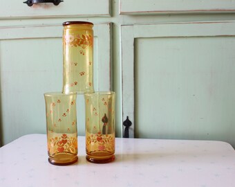 1970年代のイエロージュースグラスセット：レトロな花柄のグラス