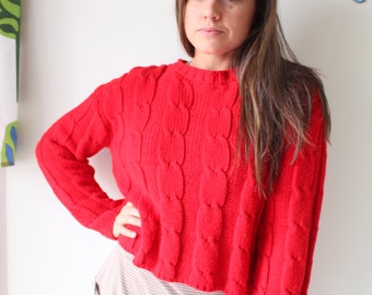 1980s CRANBERRY Red Sweater....size medium....colorful. retro. unisex. 1980s sweater. rad. cardigan. red. hipster. nautical. pullover