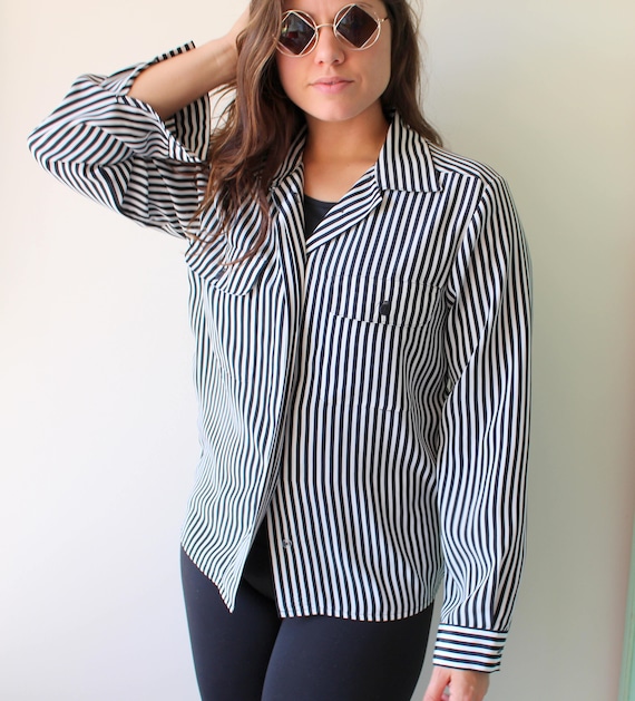 Chemisier pois en soie vintage femmes. noir et blanc. mod
