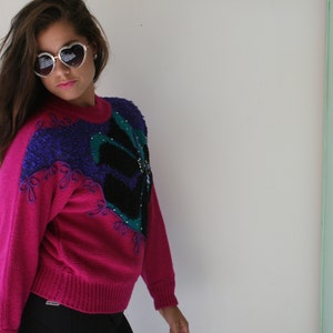 1980s BEAUTIFUL Geometric Sweater...small. colorful. bright. retro. costume. 1980s sweater. rad. fun. beads. pink. purple image 5