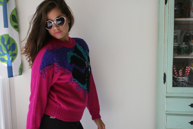 1980s BEAUTIFUL Geometric Sweater...small. colorful. bright. retro. costume. 1980s sweater. rad. fun. beads. pink. purple image 5