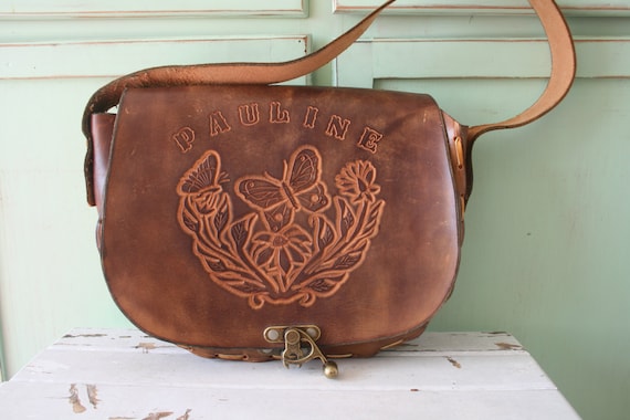 1970s ALL LEATHER Butterfly Flower Hippie Purse..… - image 2