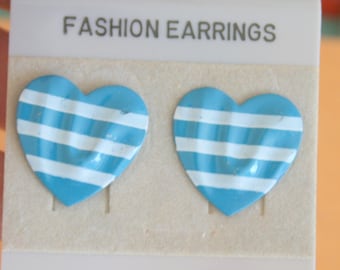 1980s Striped Heart Stud Earrings: Retro Kitsch