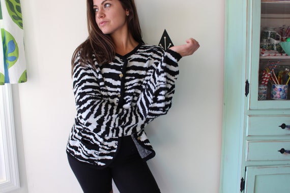 1980s ZEBRA Sweater...safari. jungle. black and w… - image 3